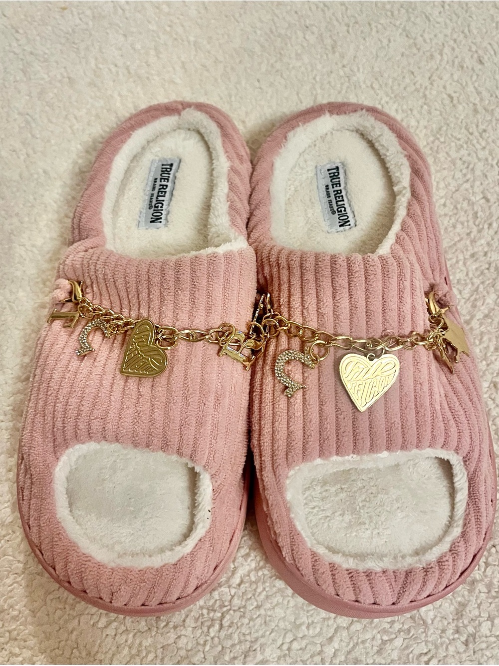 True Religion Pink Corduroy Slippers with Gold Charms Size M